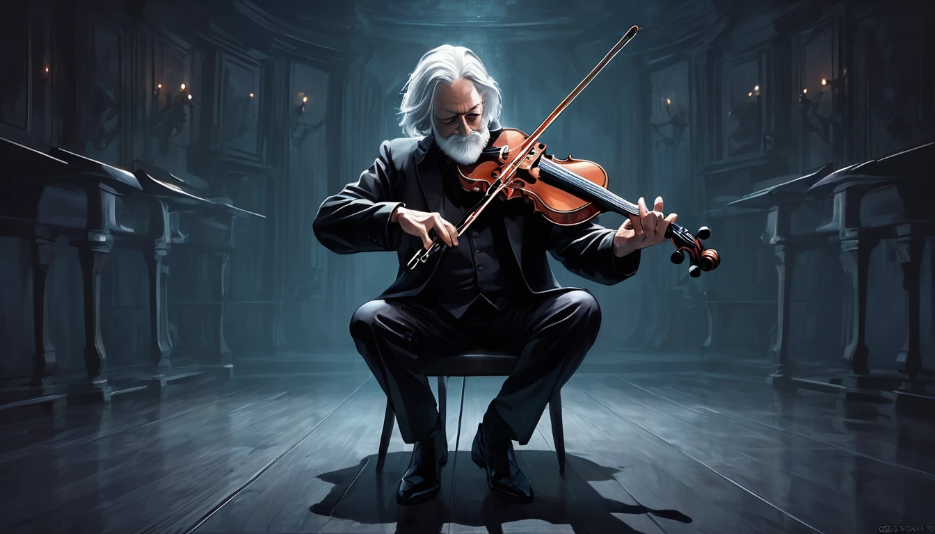 Image of a man in his 50s playing the violin in a dark room, Fantasy Violin, Kerem Couplet, Art for Dark Metal Music, Dark but detailed digital art, 8 0's style tomasz alen kopera, (Fantasy Violin), Tomasz Alen Kopela and CGsociety, Dramatic works of art, Stephen Gesell, Slavomir Maniac