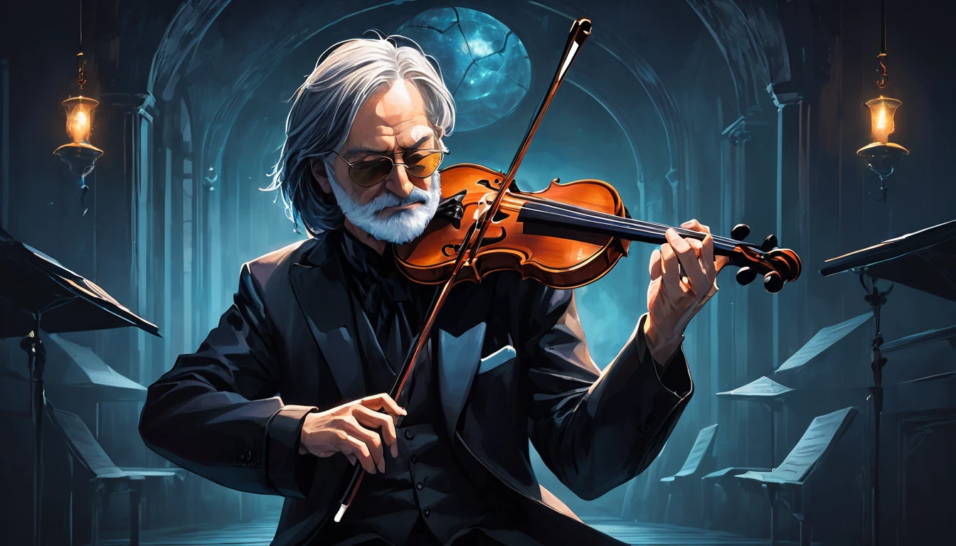 Image of a man in his 50s playing the violin in a dark room, Fantasy Violin, Kerem Couplet, Art for Dark Metal Music, Dark but detailed digital art, 8 0&#39;s style tomasz alen kopera, (Fantasy Violin), Tomasz Alen Kopela and CGsociety, Dramatic works of art, Stephen Gesell, Slavomir Maniac