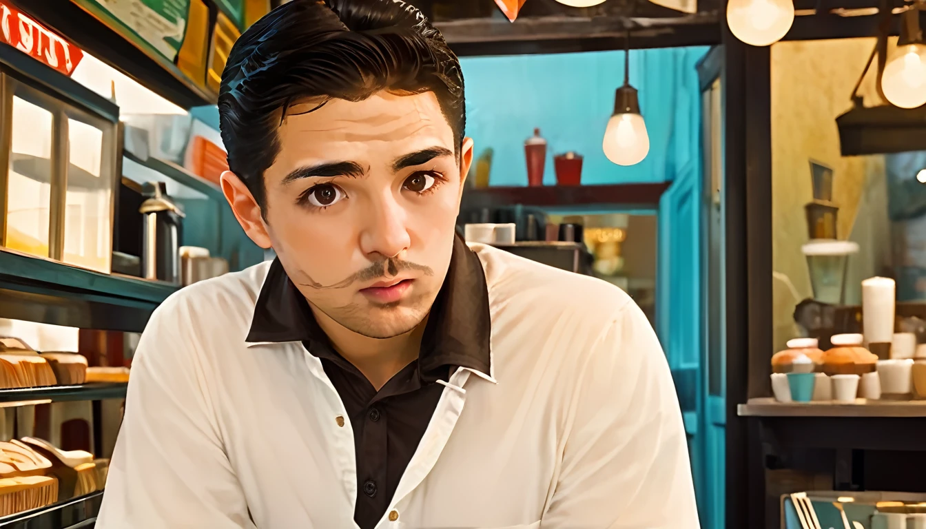 (Front view) Very detailed photo of an Italian man, Detailed coffee shop background, (Black-haired), (Dark Eyes) (Symmetrical handsome face) The nose is clear and sharp, (A pronounced, angular jaw), Well-proportioned and plump lips, Amazingly realistic photos, Realistic soft colors, Octane Rendering, Exquisitely crafted, Sharp focus, Stunning full color, Photographed with a digital SLR camera, 32k resolution, Highest quality, (Focus on skin texture)