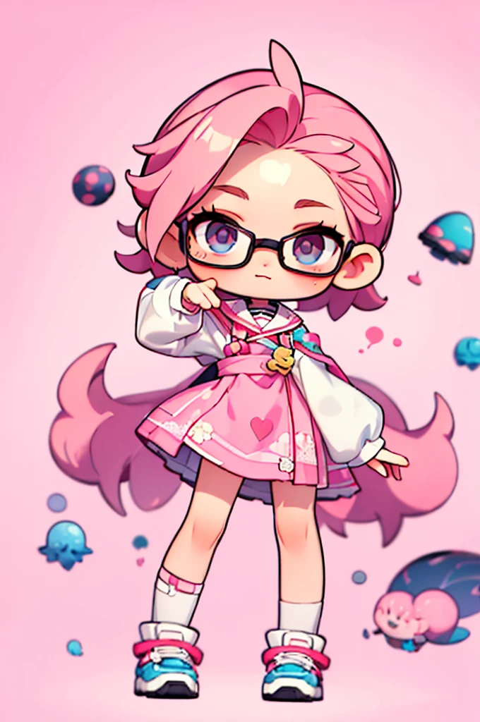 1 person , man ,Short haircut ,cartoon girl with pink hair and glasses wearing a crown, ((pink)), Official fan art, The delicate androgynous prince, anime moe art style, cute art style, Chibi style, 🍁 cute, Kawaii Chibi, ❤🔥🍄🌪, Chibi Art, Fan Art Demon Slayer Rui, cute character, Maple character art, High quality fan art