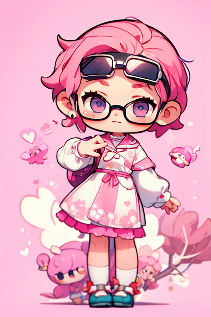 1 person , man ,Short haircut ,cartoon girl with pink hair and glasses wearing a crown, ((pink)), Official fan art, The delicate androgynous prince, anime moe art style, cute art style, Chibi style, 🍁 cute, Kawaii Chibi, ❤🔥🍄🌪, Chibi Art, Fan Art Demon Slayer Rui, cute character, Maple character art, High quality fan art