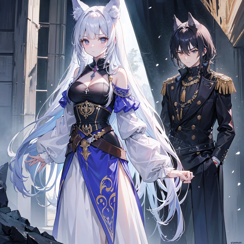((Highest quality)), ((masterpiece)), (detailed)、((Couple))、Silver-haired, blue-eyed man、A girl with long hair and brown eyes、Background is white、Men are handsome、Women are cute、breast enhancement、Perfect body