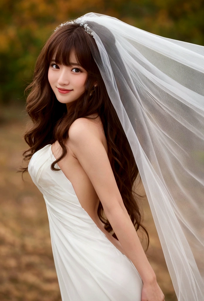 best quality,detailed beautiful skin,1 girl,long curly hair,bangs,brown hair,smile,medium breasts,bust up shot,face to face,full body,from below,Hair blowing in the wind,nude,wedding veil,