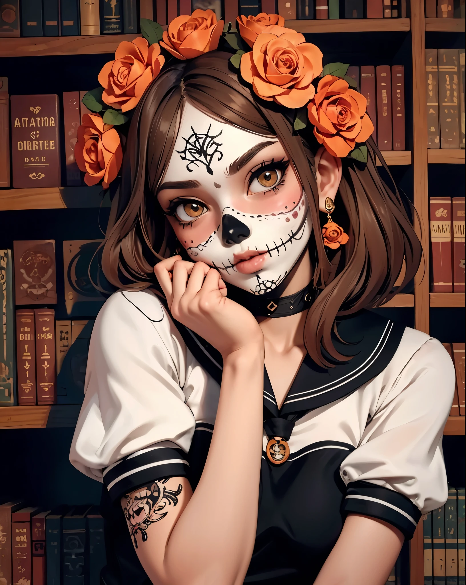 (A girl with mexican de los muertos style skull face painting on her face), (((textile & face natural shading))), (((Best Quality))), (((masterpiece))), (((cartoon style with natural dramatic shade))) 1 girl visual, manga environtment art, full body stylish cool gesture, long brown wavy hair. The image depicts a 3d cartoon anime-pixar style character of a female skull hold a book wearing japanese high school sailor uniform, with mini skirt & long black stocking & white sneakers, located at conventional library full of book shelf. ultra high definition, 8K