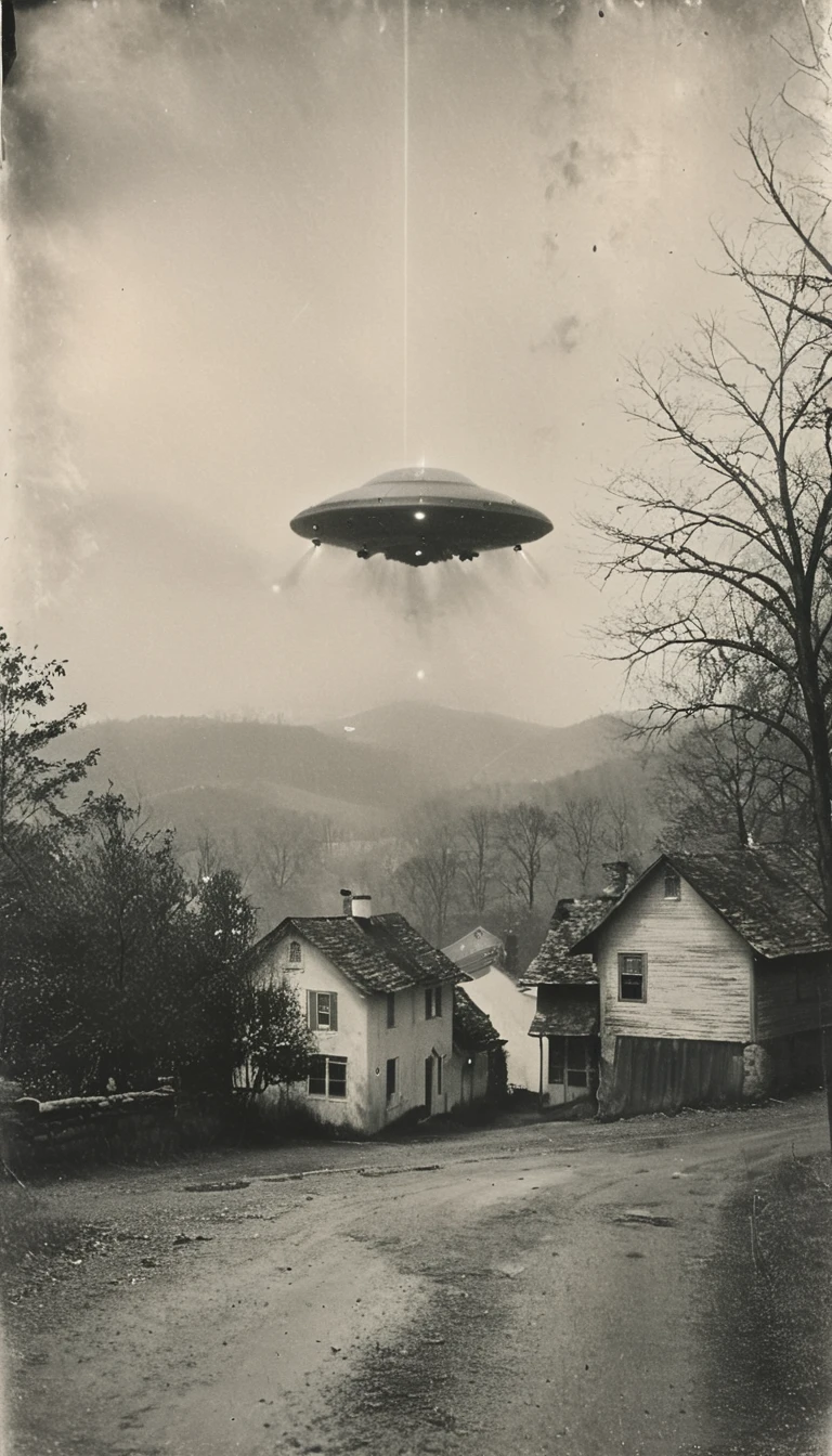 foto antiga, 35mm, black and white photo of a UFO hovering over a small town located in the Blue Ridge Mountains of Virginia in 1932