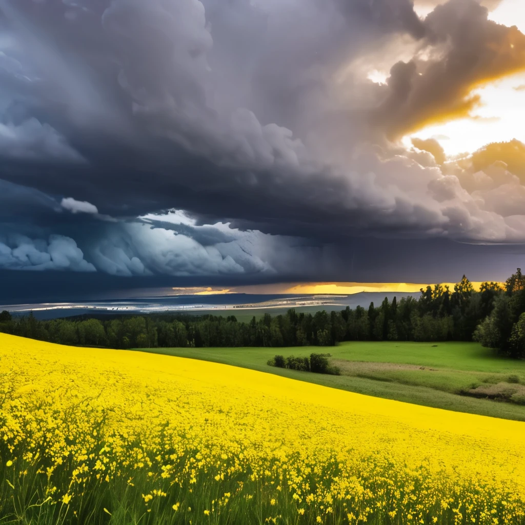 arafed view of a field of yellow flowers with a dark sky, a picture by Gerard Soest, flickr, color field, beautiful and ominous, bad weather approaching, vibrant but dreary gold, against a stormy sky, ominous beautiful mood, ominous photo, stormy day, yellow and greens, storm in the distance, storm in distance, yellow and green