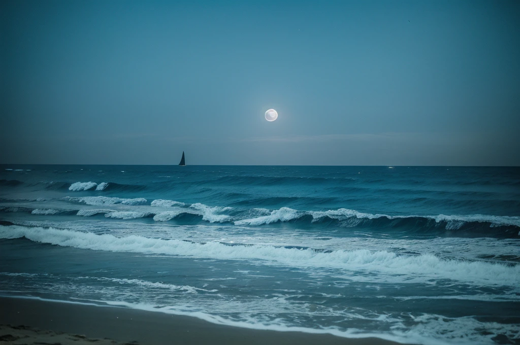 "Under the pallid moonlight, a forsaken beach stretches out before you. The sand, as black as obsidian, absorbs all light, swallowing even the faintest glimmer. Waves crash with an ominous rhythm, echoing through the eerie silence. A distant howl pierces the air, unsettling the few souls brave enough to tread these haunted shores. Shadows dance against the cliffs, whispering tales of lost ships and restless spirits. Dare you explore this desolate beach under the shroud of night?"