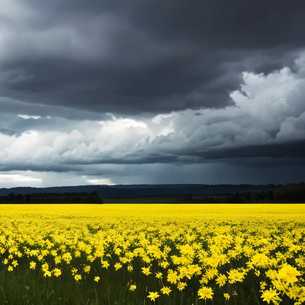 arafed view of a field of yellow flowers with a dark sky, a picture by Gerard Soest, flickr, color field, beautiful and ominous, bad weather approaching, vibrant but dreary gold, against a stormy sky, ominous beautiful mood, ominous photo, stormy day, yellow and greens, storm in the distance, storm in distance, yellow and green