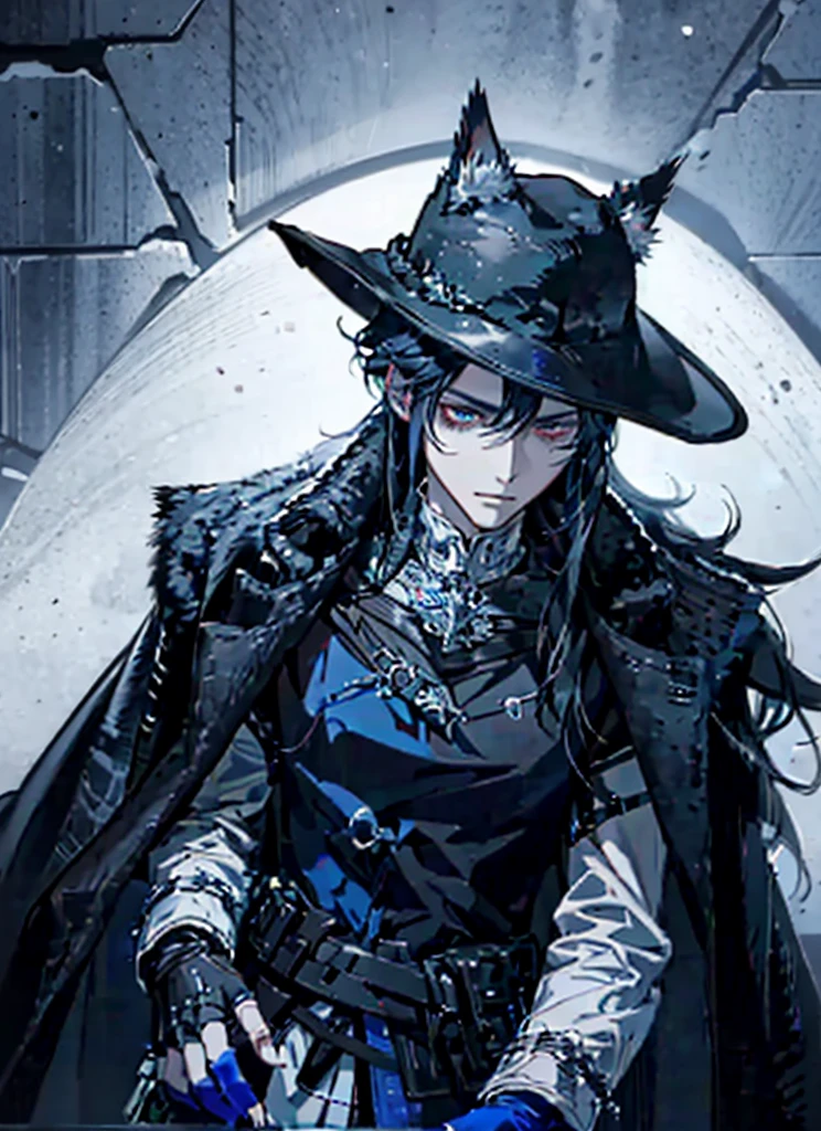1man Gunslinger,Coldplace,fantasy, blackhair, cat ear, tall, glove, wearing hat, handsome, villian face, blue red eye, 21 yearold, wearing white winter armor, game of throne, male