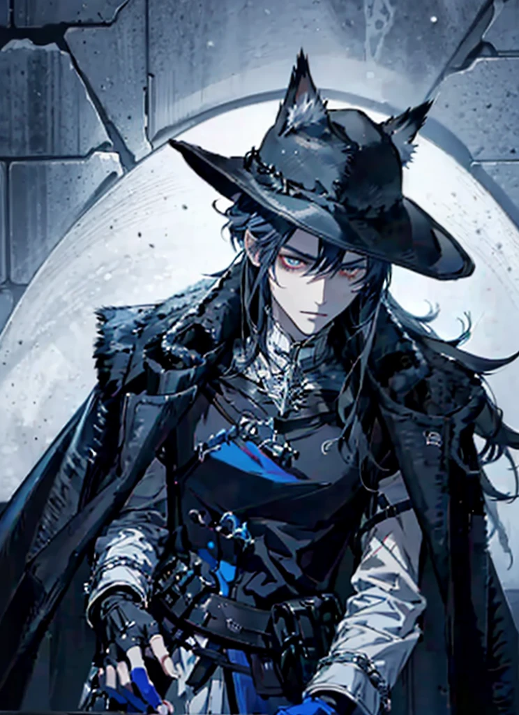 1man Gunslinger,Coldplace,fantasy, blackhair, cat ear, tall, glove, wearing hat, handsome, villian face, blue red eye, 21 yearold, wearing white winter armor, game of throne, male