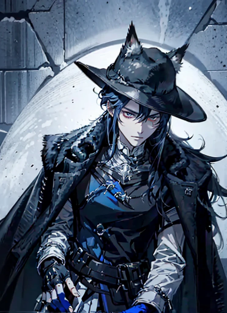 1man Gunslinger,Coldplace,fantasy, blackhair, cat ear, tall, glove, wearing hat, handsome, villian face, blue red eye, 21 yearold, wearing white winter armor, game of throne, male