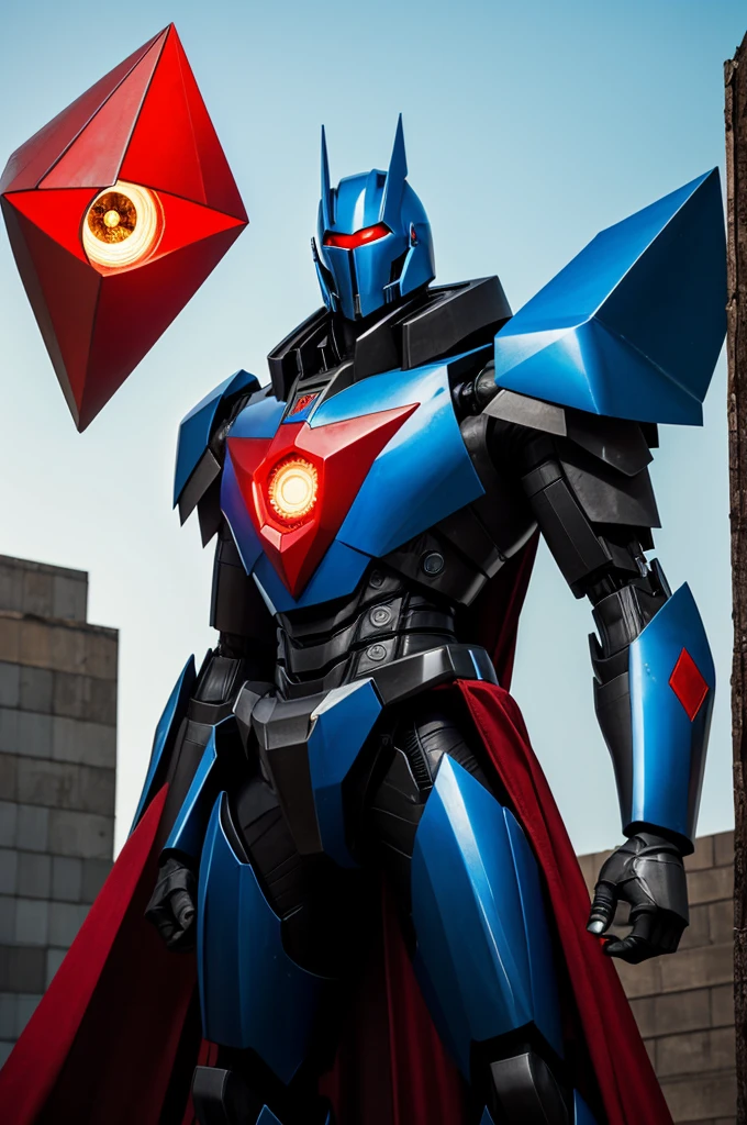 A tall male mecha with a cape and a triangular head with a single red eye in the center of the head., un poco robusto, de color rojo, negro, azul, y dorado