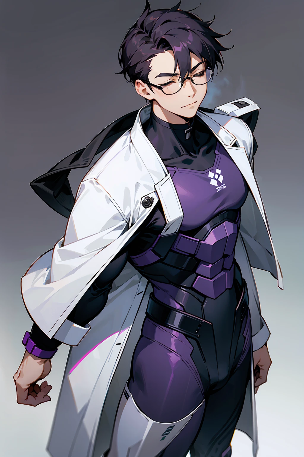 1male, Young Adult, Dark Violet Hair, Eyes Closed, Short Hair, Dojo Background, Slight Smile, Glasses, Standing In City, Detailed background, Black and White Combat Suit, White Coat