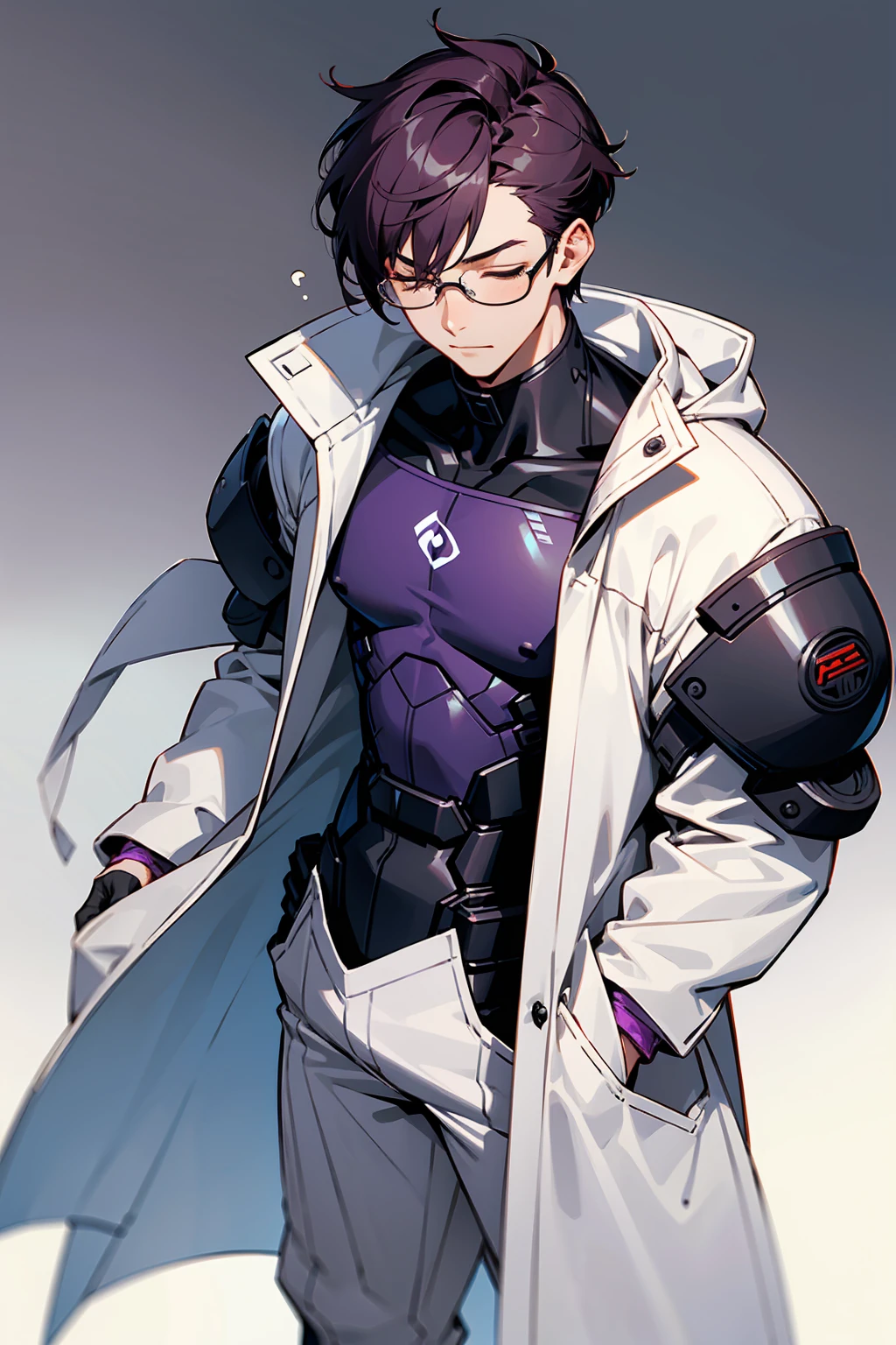 1male, Young Adult, Dark Violet Hair, Eyes Closed, Short Hair, Dojo Background, Slight Smile, Glasses, Standing In City, Detailed background, Black and White Combat Suit, White Coat