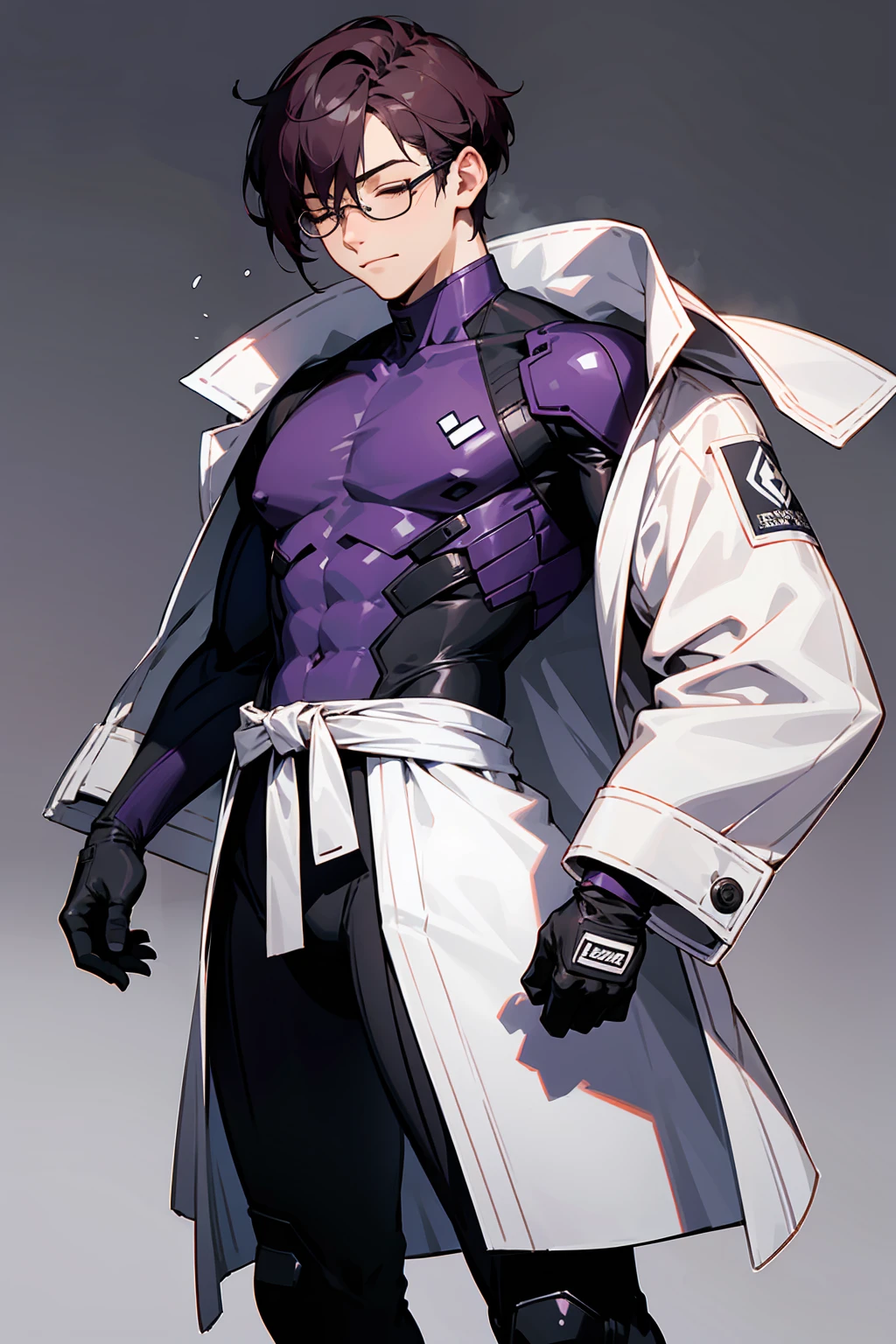 1male, Young Adult, Dark Violet Hair, Eyes Closed, Short Hair, Dojo Background, Slight Smile, Glasses, Standing In City, Detailed background, Black and White Combat Suit, White Coat