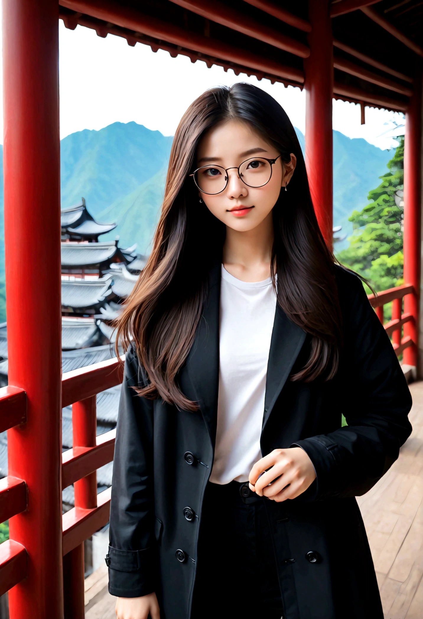 uma garota parada do lado de fora, wearing glasses, em uma jaqueta preta, ((cabelo longo)), uma imagem inspirada em Zou Zhe, tumblr, Realismo, Xintong Chen, cerca de 19 anos, Qichaowang, Huifenghuang, Zhe Long Xu, Xiao Fan Zhang, pengzhenzhang, zmonzheng, yihao ren, Zezhou Chen.