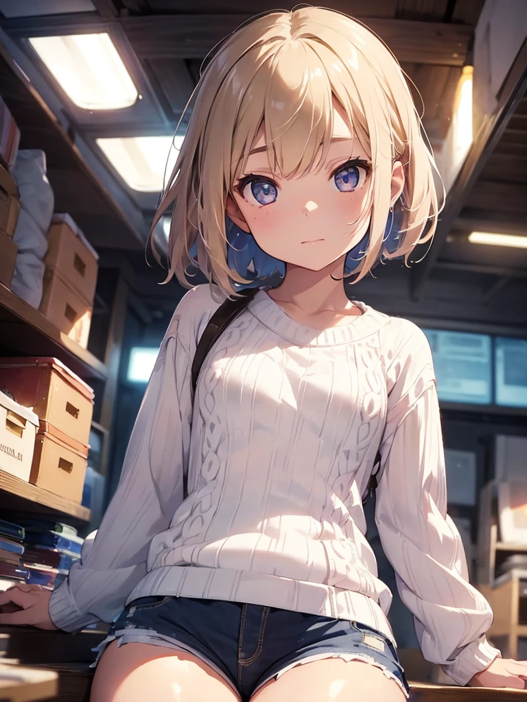 (), small ,(masterpiece), best quality, extremely detailed, (watercolor), bloom, delicate and beautiful, illustration, (from below),(1girl:1.4), (solo:1.2), small breasts, (ribbed sweater:1.3), basketball jersey, (short shorts:1.2), ((dark skin:0.8)), beautiful eyes, (short hair ), photography, over-the-shoulder shot, by Alex Maleev, professional, canon camera, nikon camera, sharp, bokeh, studio quality, fisheye lens, ((light hair))