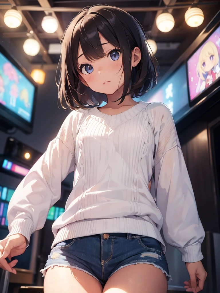 (), small ,(masterpiece), best quality, extremely detailed, (watercolor), bloom, delicate and beautiful, illustration, (from below),(1girl:1.4), (solo:1.2), small breasts, (ribbed sweater:1.3), basketball jersey, (short shorts:1.2), ((dark skin:0.8)), beautiful eyes, (short hair ), photography, over-the-shoulder shot, by Alex Maleev, professional, canon camera, nikon camera, sharp, bokeh, studio quality, fisheye lens, ((light hair))