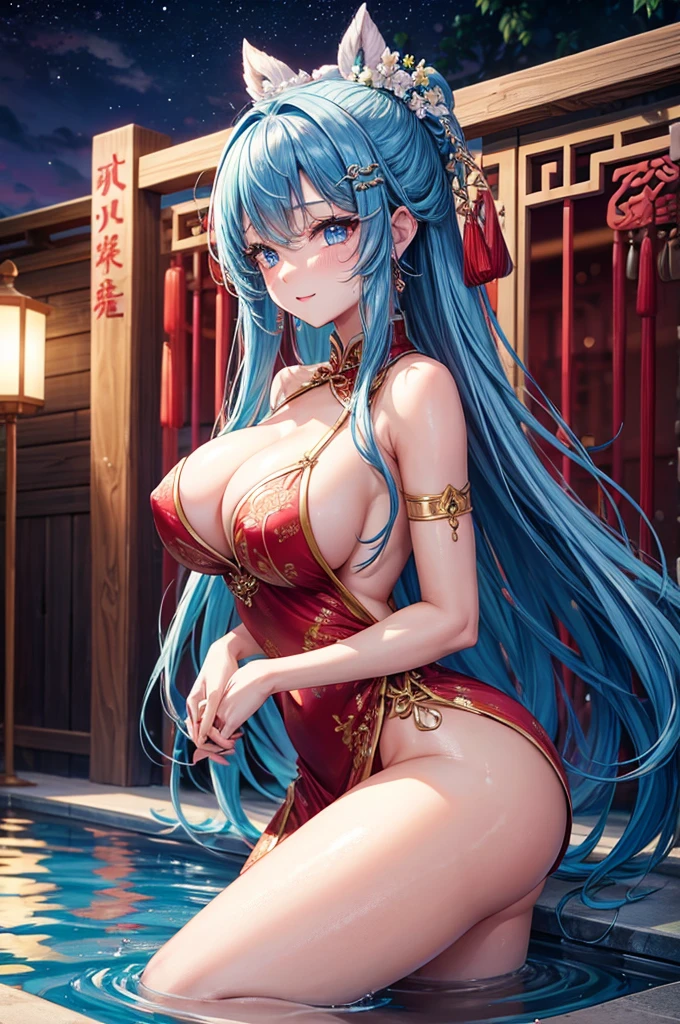 She is touching her ???? in her Chinese dress、8k、、Highest quality、Tabletop、Ultra HD、Ultra-detailed、so beautiful、Ultra-detailed髪質、so beautiful、Portrait、Esbian all over、Captivating look、Beautiful woman、Long Blue Hair、blue eyes、Glowing Skin、bursting ???????、Very ?????????????、Very big ???、Water droplets running down the skin、The background is a great night pool、?????、Excessive pubic hair growth