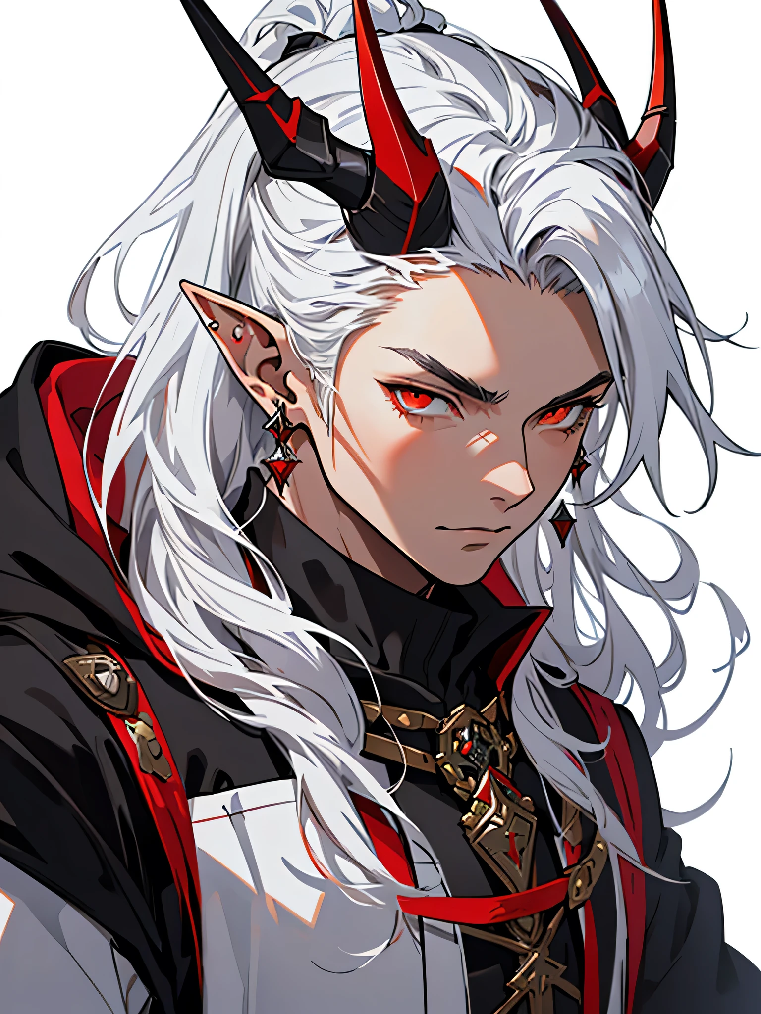 medieval anime art, masterpiece, best quality, by professional artist, male, solo, portrait, detailed composition, detailed eyes, (((white background))), elf ears, long silver hair, spiky horns, (((wearing black and red wizard outfit))), orange eyes, earrings