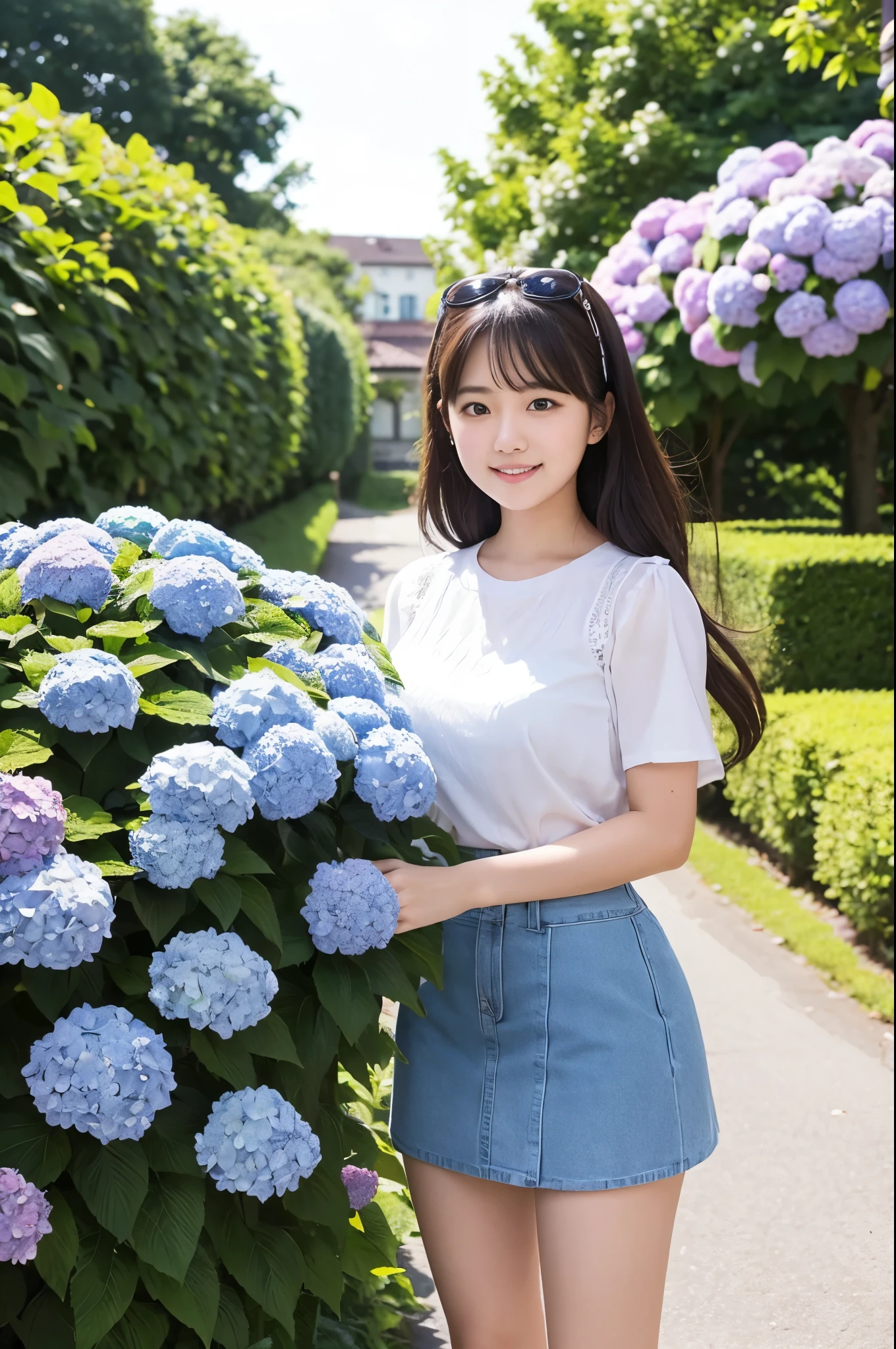 A cute 20-year-old girl in a park with hydrangeas in bloom(mini skirt)