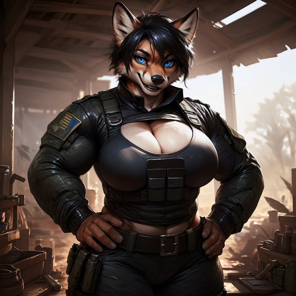 solo, 1girl, red fox, vixen, (female, broad shoulders, stocky build, buff, muscular, large breasts, short hair, black hair, blue eyes, highly detailed eyes, Amazon, powerful figure, wearing camouflage_uniform, (black and white uniform:1.3), military camp, cleavage, hands on hips, combat boots, full body, pleasant smile, looking at viewer, realistic textures, realistic lighting, by darkgem, 