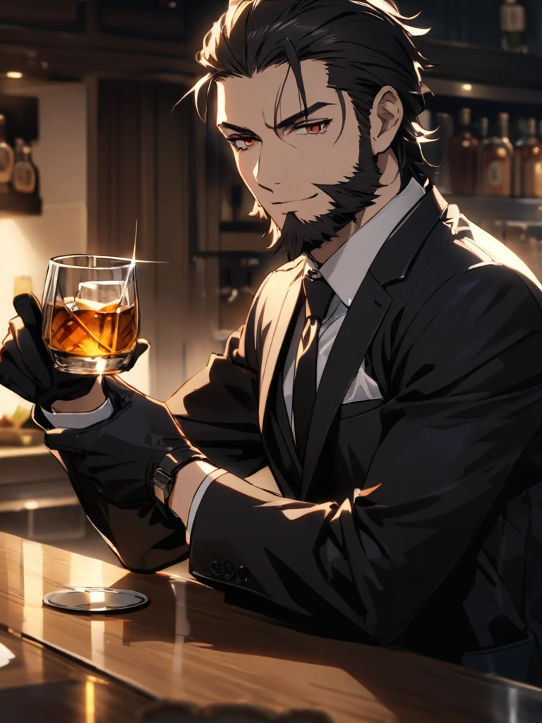 smile,closed mouth,(40-year-old man with dark hair and beard)、Long sleeve black suit、BREAK,Black Leather Gloves、BREAK,White shirt:0.7、BREAK,sharp eyes,Long black hair slicked back、(masterpiece)、(absurdres)、(ultra detailed)、athletic、half-closed eyes,serious,kind、