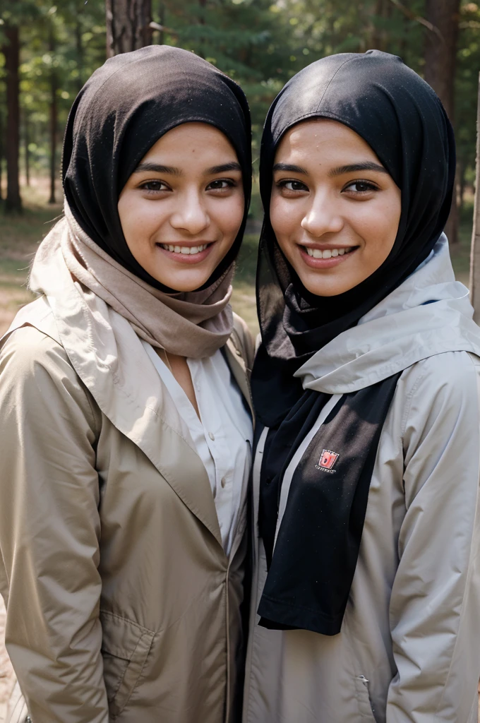 4-dimensional image of two lovers taking photos at a scouting activity with happy expressions dressed in Muslim clothes