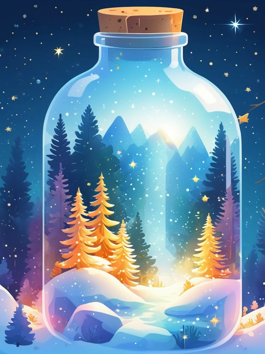 (flat, user interface vector style), (world in a bottle), Soft rime, Pine forest covered with soft frost, 美丽的冰雪Soft rime, Luminescence, Ethereal, Night Sky, (Clear crystal bottle), Shining stars, Magical scene, Vibrant colors, Soft tones, Warm golden glow, Tranquil atmosphere, (simple illustration), (smooth line art), (minimalism), white background, (graphic design aesthetics), (flat illustration)