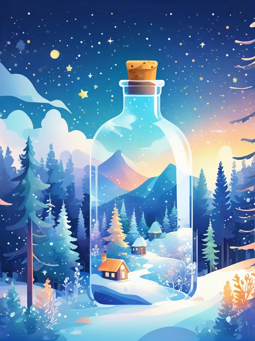 (flat, user interface vector style), (world in a bottle), Soft rime, Pine forest covered with soft frost, 美丽的冰雪Soft rime, Luminescence, Ethereal, Night Sky, (Clear crystal bottle), Shining stars, Magical scene, Vibrant colors, Soft tones, Warm golden glow, Tranquil atmosphere, (simple illustration), (smooth line art), (minimalism), white background, (graphic design aesthetics), (flat illustration)