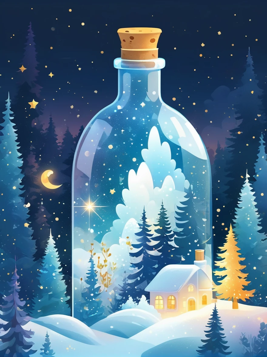 (flat, user interface vector style), (world in a bottle), Soft rime, Pine forest covered with soft frost, 美丽的冰雪Soft rime, Luminescence, Ethereal, Night Sky, (Clear crystal bottle), Shining stars, Magical scene, Vibrant colors, Soft tones, Warm golden glow, Tranquil atmosphere, (simple illustration), (smooth line art), (minimalism), white background, (graphic design aesthetics), (flat illustration)