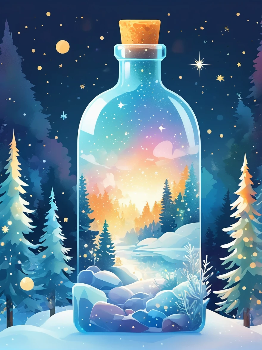 (flat, user interface vector style), (world in a bottle), Soft rime, Pine forest covered with soft frost, 美丽的冰雪Soft rime, Luminescence, Ethereal, Night Sky, (Clear crystal bottle), Shining stars, Magical scene, Vibrant colors, Soft tones, Warm golden glow, Tranquil atmosphere, (simple illustration), (smooth line art), (minimalism), white background, (graphic design aesthetics), (flat illustration)
