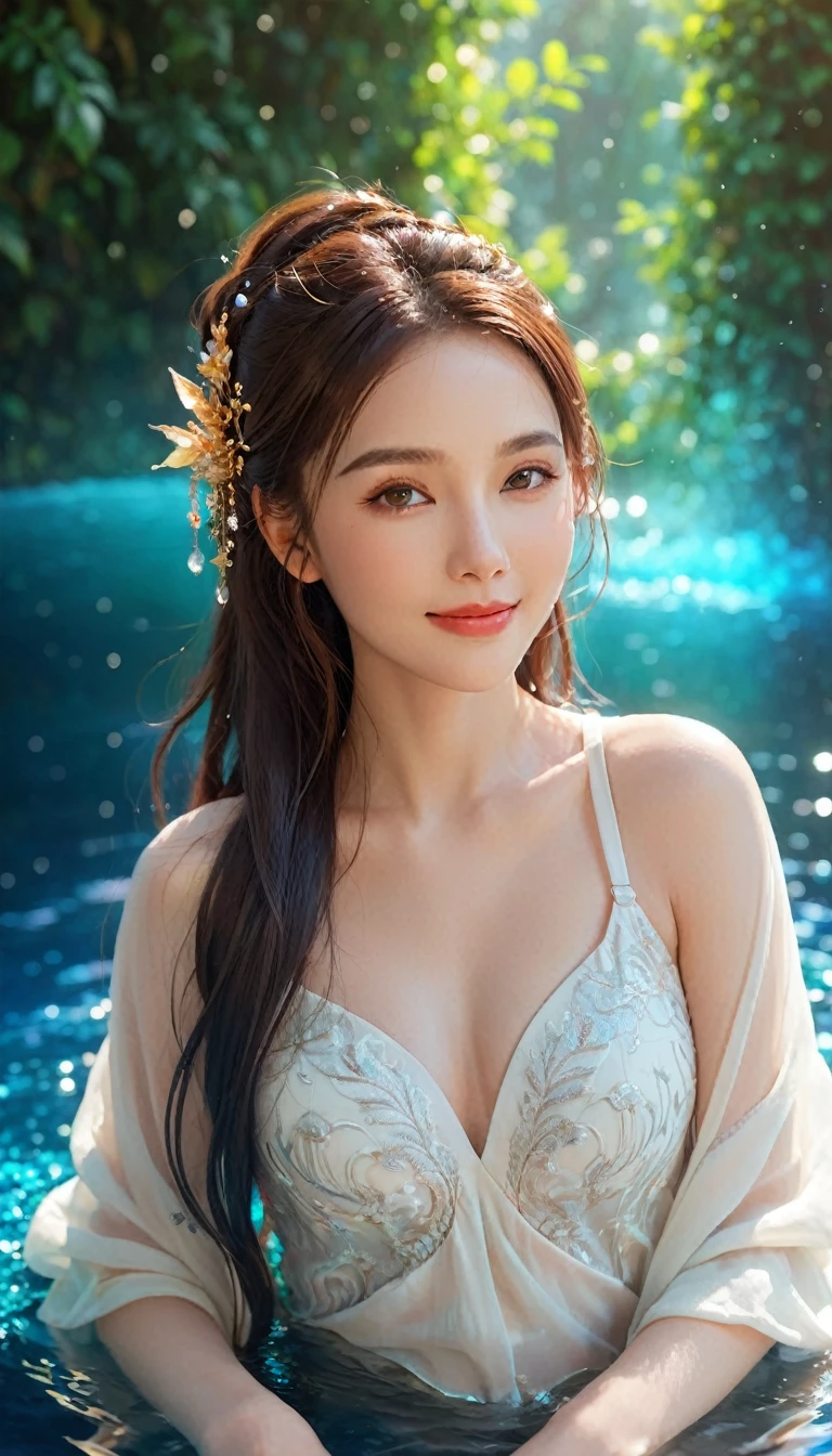 a beautiful woman with a lovely smile, particle effects, floating water, sexy and luscious body, fantasy anime-inspired style, rich and vibrant colors, highly detailed and complex, cinematic bokeh background, 8k, ultra-detailed, photorealistic, professional, masterpiece:1.2, (best quality:1.2), (realistic:1.37), cinematic lighting, elegant, graceful, goddess-like, porcelain skin, seductive eyes, plump lips, flowing hair, intricate ornaments, fantasy elements, dream-like atmosphere, atmospheric, ethereal