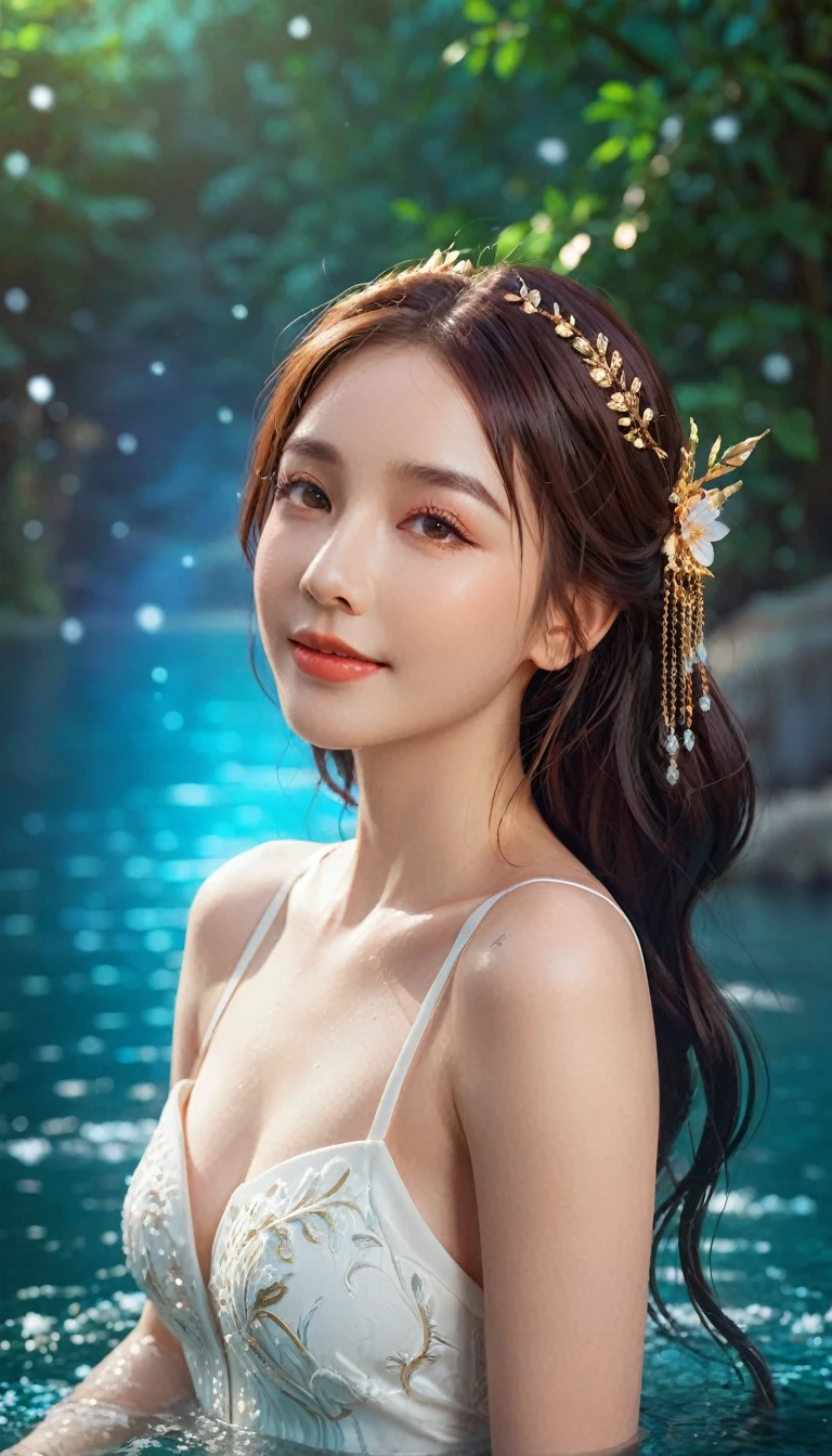 a beautiful woman with a lovely smile, particle effects, floating water, sexy and luscious body, fantasy anime-inspired style, rich and vibrant colors, highly detailed and complex, cinematic bokeh background, 8k, ultra-detailed, photorealistic, professional, masterpiece:1.2, (best quality:1.2), (realistic:1.37), cinematic lighting, elegant, graceful, goddess-like, porcelain skin, seductive eyes, plump lips, flowing hair, intricate ornaments, fantasy elements, dream-like atmosphere, atmospheric, ethereal