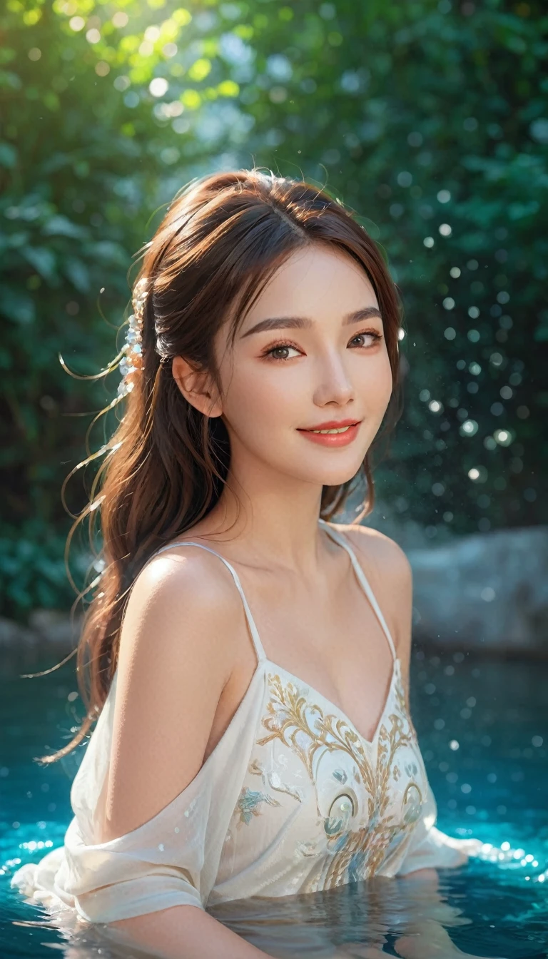 a beautiful woman with a lovely smile, particle effects, floating water, sexy and luscious body, fantasy anime-inspired style, rich and vibrant colors, highly detailed and complex, cinematic bokeh background, 8k, ultra-detailed, photorealistic, professional, masterpiece:1.2, (best quality:1.2), (realistic:1.37), cinematic lighting, elegant, graceful, goddess-like, porcelain skin, seductive eyes, plump lips, flowing hair, intricate ornaments, fantasy elements, dream-like atmosphere, atmospheric, ethereal