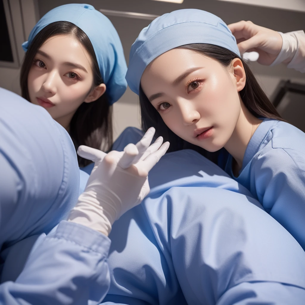 modern operating room, overhead surgical light, looking downward, (1girl:1.47), surgery_pov, view from below, pov, beautiful slim Korean woman, wearing (long sleeve surgical outfit, surgical mask, surgical gloves, surgical cap), solid circle eyes, ccurate, sparkling eyes, high detail, photo-realistic:1.37, 8k, super detail, best quality, masterpiece, anatomically correct, super detail, textured skin, extremely detailed face and eyes, detailed facial features, ((perfect face))