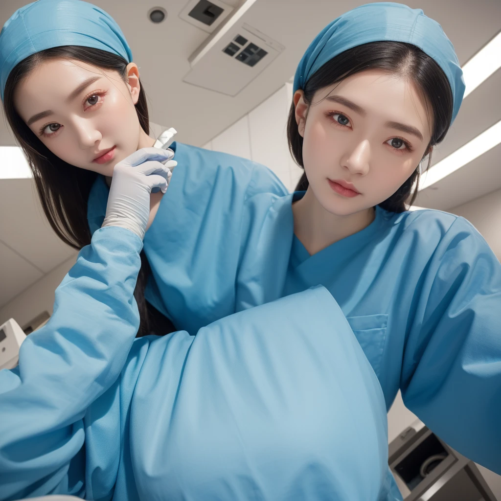 modern operating room, overhead surgical light, looking downward, (1girl:1.47), surgery_pov, view from below, pov, beautiful slim Korean woman, wearing (long sleeve surgical outfit, surgical mask, surgical gloves, surgical cap), solid circle eyes, ccurate, sparkling eyes, high detail, photo-realistic:1.37, 8k, super detail, best quality, masterpiece, anatomically correct, super detail, textured skin, extremely detailed face and eyes, detailed facial features, ((perfect face))