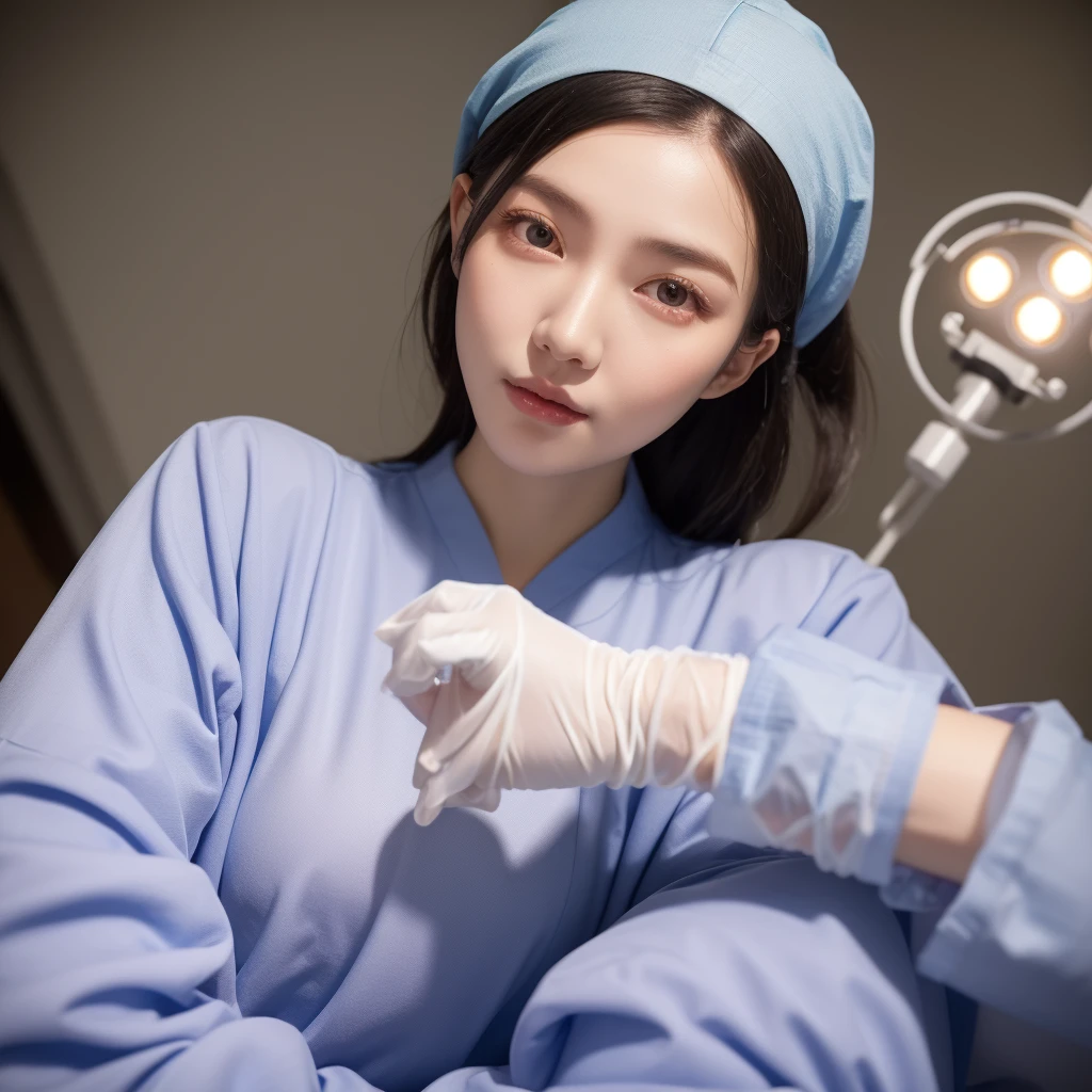 modern operating room, overhead surgical light, looking downward, (1girl:1.47), surgery_pov, view from below, pov, beautiful slim Korean woman, wearing (long sleeve surgical outfit, surgical mask, surgical gloves, surgical cap), solid circle eyes, ccurate, sparkling eyes, high detail, photo-realistic:1.37, 8k, super detail, best quality, masterpiece, anatomically correct, super detail, textured skin, extremely detailed face and eyes, detailed facial features, ((perfect face))