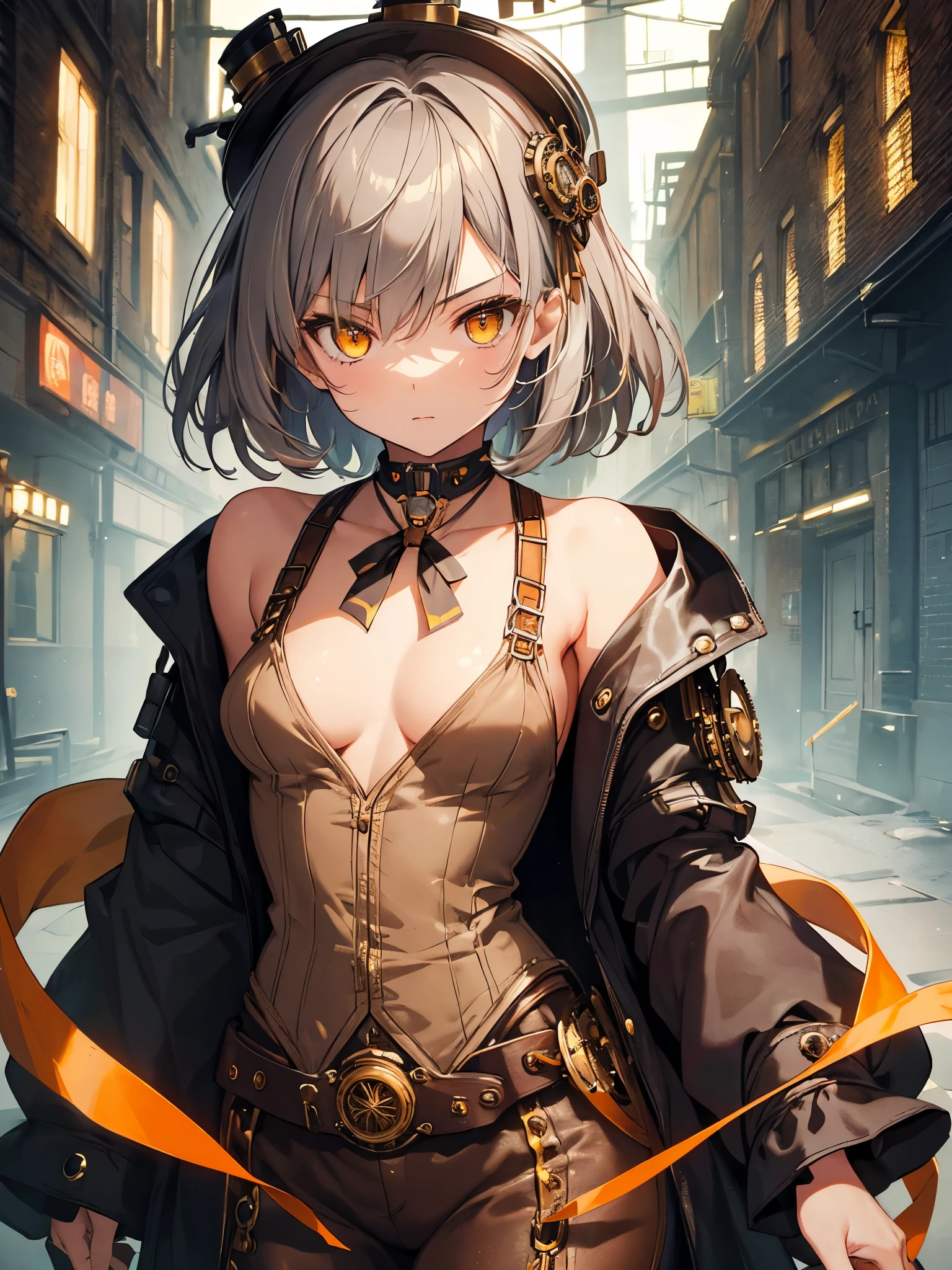 masterpiece, Highest quality, Perfect Face, Highest Resolution, Highest quality,Detailed depiction of the eyes, 1 girl, young, slender body, Short, deep tan skin, slate gray hair, short hair, upturned eyes, Yellow Orange eyes, Perfect Anatomy, steampunk, ribbon choker, steampunk風の衣装, Vintage goggles