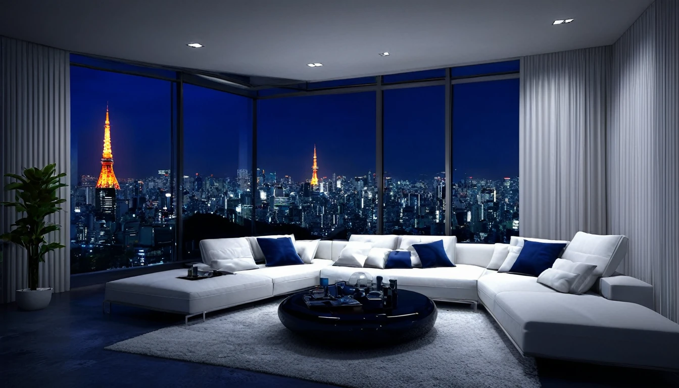 Can you vividly describe a detailed and realistic scene of a modern living room at night? The room should feature a large window with a view of the Tokyo Tower. Inside, there should be a polished concrete wall, a white floor, and a modern sofa with a deep blue color. The sofa should be placed in front of a white curtain, and there should be a pendant light hanging from the ceiling. The table should have a stereo system and a bottle of wine placed on it. There should also be a few white cushions, a stereo system, and a plant on a shelf. The room should be well-lit by the pendant light and the night view outside. please provide a highly detailed description with a resolution of at least 16k.