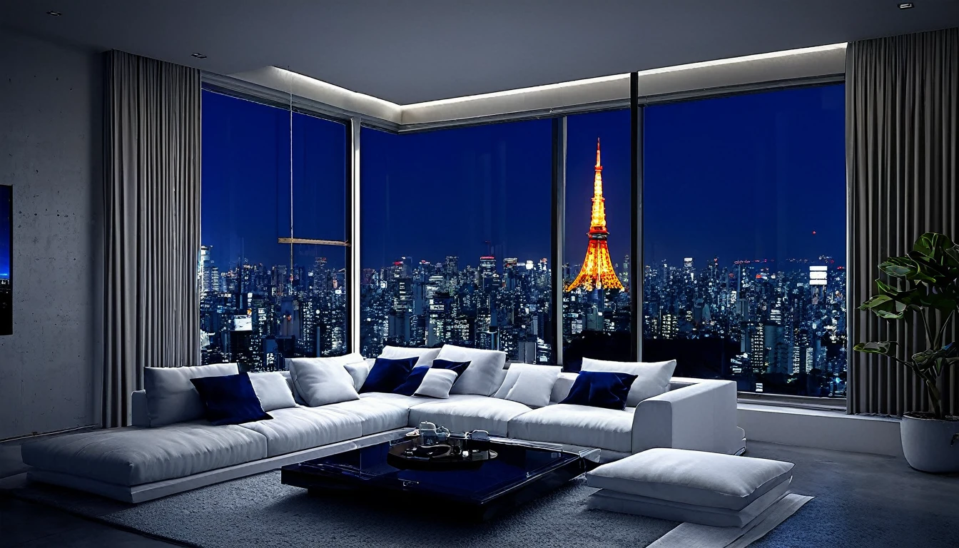 Can you vividly describe a detailed and realistic scene of a modern living room at night? The room should feature a large window with a view of the Tokyo Tower. Inside, there should be a polished concrete wall, a white floor, and a modern sofa with a deep blue color. The sofa should be placed in front of a white curtain, and there should be a pendant light hanging from the ceiling. The table should have a stereo system and a bottle of wine placed on it. There should also be a few white cushions, a stereo system, and a plant on a shelf. The room should be well-lit by the pendant light and the night view outside. please provide a highly detailed description with a resolution of at least 16k.