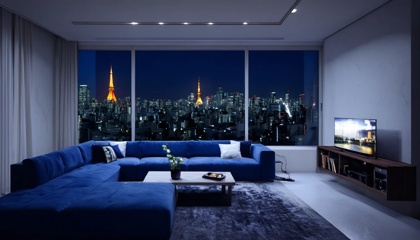 Can you vividly describe a detailed and realistic scene of a modern living room at night? The room should feature a large window with a view of the Tokyo Tower. Inside, there should be a polished concrete wall, a white floor, and a modern sofa with a deep blue color. The sofa should be placed in front of a white curtain, and there should be a pendant light hanging from the ceiling. The table should have a stereo system and a bottle of wine placed on it. There should also be a few white cushions, a stereo system, and a plant on a shelf. The room should be well-lit by the pendant light and the night view outside. please provide a highly detailed description with a resolution of at least 16k.