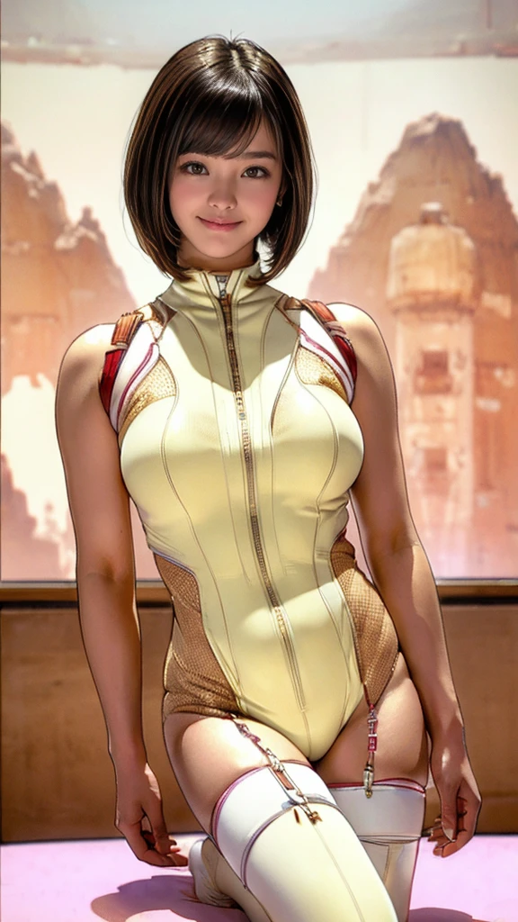 (RAW photo, highest quality, realistic, Photoreal:1.3), 1 girl, bob cut, earrings, smile, realisticbody, space white costume, cyberpunk, Ancient ritual, the mars atmosphere from space, (((camel toe))), ((23 year old Japanese girl)),