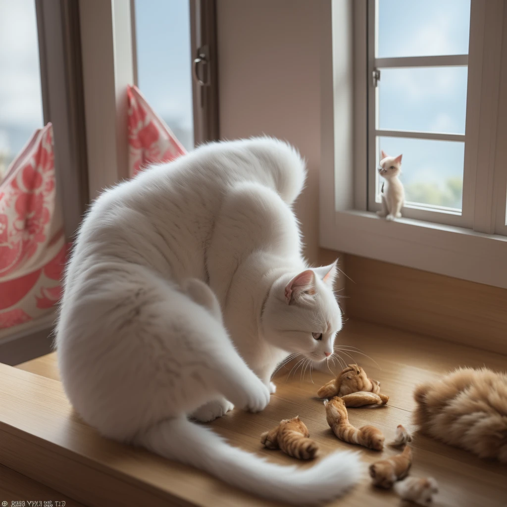 there is a cat that is looking at a window with chicken, a digital rendering by Ni Yuanlu, trending on cgsociety, furry art, adorable digital painting, anime visual of a cute cat, 3 d animated movie, japanese cgi, realistic anime 3 d style, new cats movie, animated movie scene, animated movie, sad cat, screenshot from the anime film