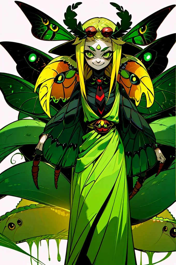 1girl, chibi spider girl, monster musume, 9 , hairy thin long spider legs, dragonfly wings, moth antenas on head, blonde long hair, yellow hair, green clothes, green eyes, flat chest, smiling innocently, hades style, hadesstyle, hades2style, hades 2 style