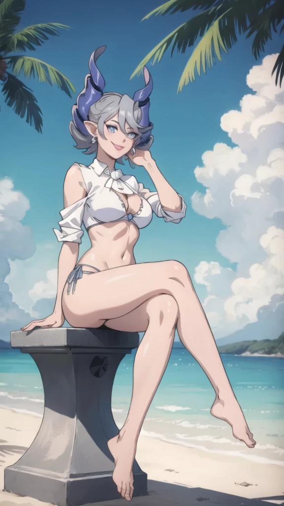 High level image quality best image quality 8K adult woman beach sunset palm trees whole body view portrait blue bikini horn ears short hair((shortcut)(gray hair)(perm)(fluffy)) eye color is blue , pure classy pink sunglasses , attractive evil face , smile , sexy pose , labrynth , barearm , wearing white shirt , sitting , crossed leg style in detailed , view foot arc