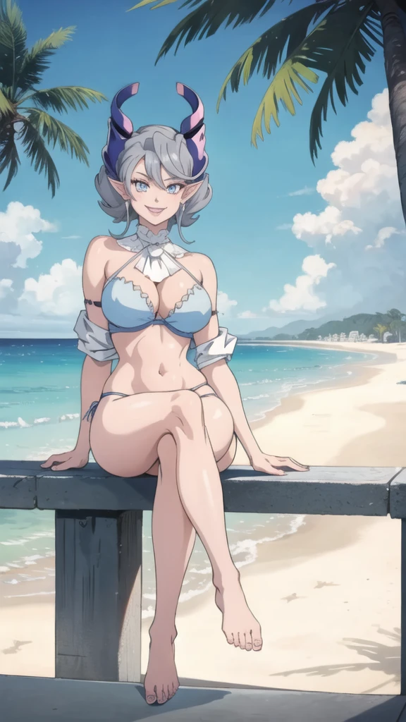 High level image quality best image quality 8K adult woman beach sunset palm trees whole body view portrait blue bikini horn ears short hair((shortcut)(gray hair)(perm)(fluffy)) eye color is blue , pure classy pink sunglasses , attractive evil face , smile , sexy pose , labrynth , barearm , wearing white shirt , sitting , crossed leg style in detailed , view foot arc