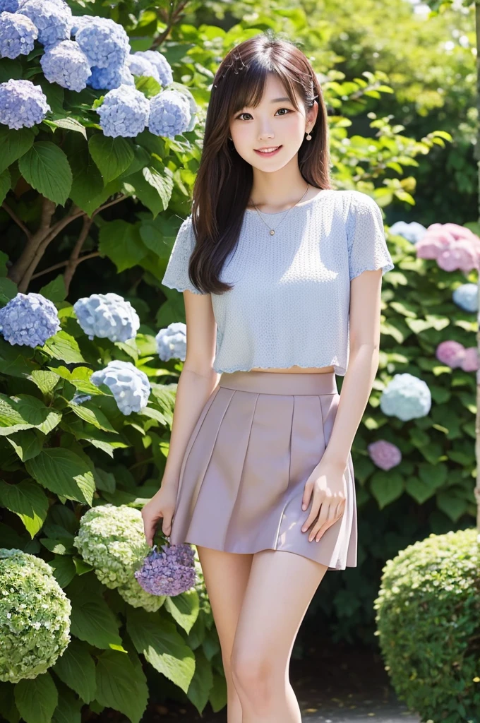 A cute 20-year-old girl in a park with hydrangeas in bloom(mini skirt
