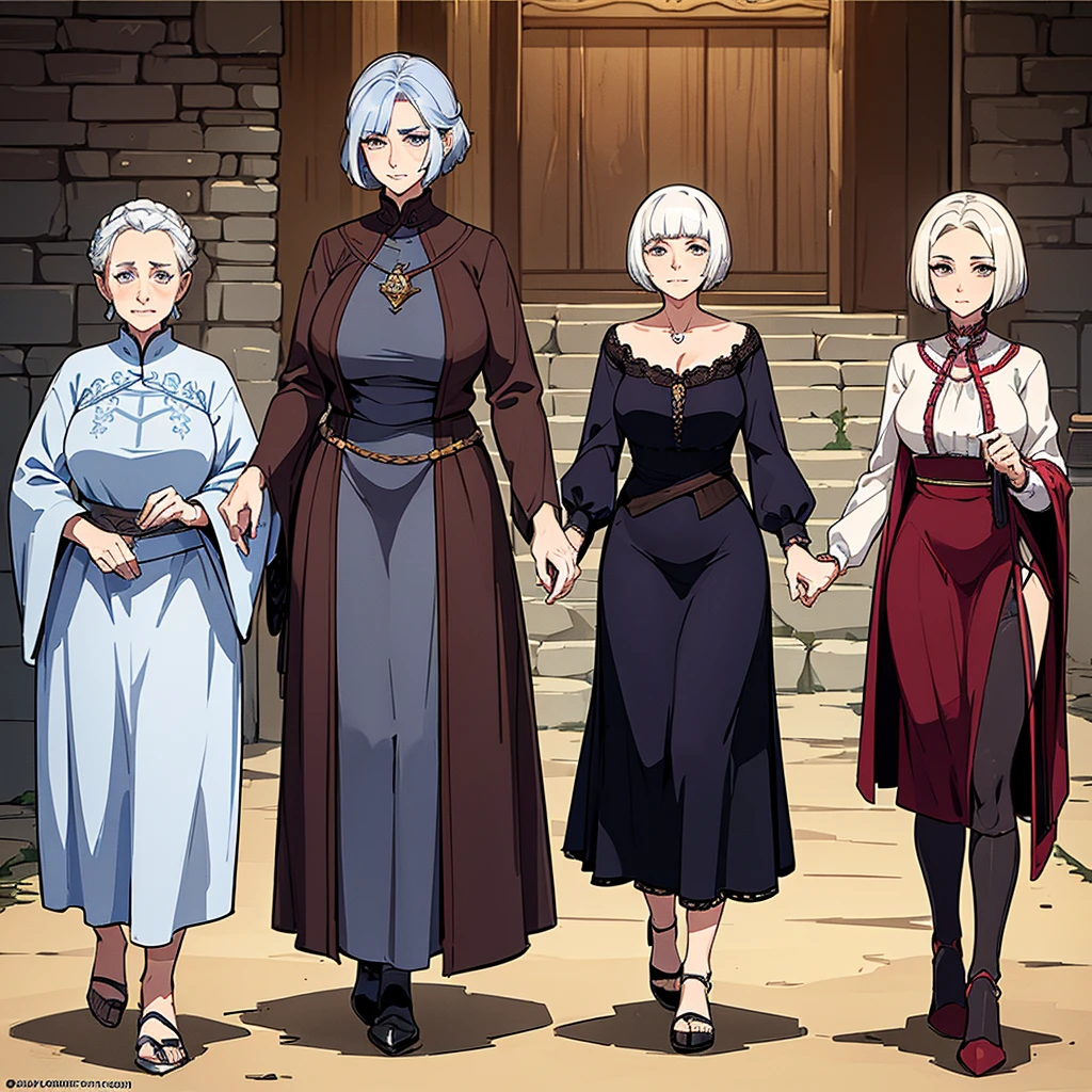 ((Full body character concept, Detailed character design))、Fantasy、Medieval Knight、(Hairstyle:Middle Reason、Very Short Hair)、(Thin eyebrows)、(((Mature Woman、elder、80 year old grandmother)))、(Facial wrinkles、Age Line)、(Farmer's clothes)、Run、(From the back、Back view)
