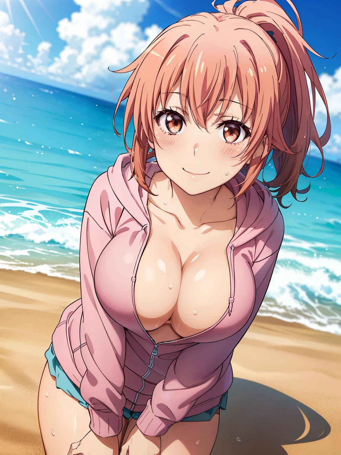 ((Highest quality, High resolution, Perfect Pixel, 4k)), (Beautiful Anime Girls), Depth of written boundary、
Watching the audience,
Perfect body,
yuigahama yui, Brown eyes、Detailed eyes、
(Big Breasts:1.3)、
Focus on the chest、
ponytail、(Pink hoodie)、no bra, Cleavage、
smile、(Sweat、blush:1.1)、
Beach、
